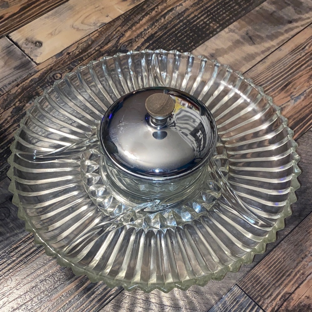 Kromex 1970’s Lazy Susan with walnut trim serving platter